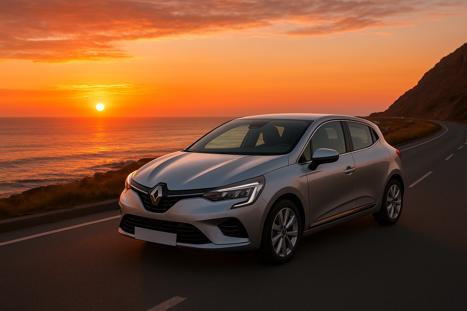 Voiture sur une route côtière au lever du soleil